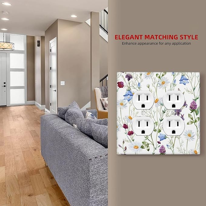Floral Boho Multicolor Flower Plant Leaves Outlet Covers 2 Gang Double Duplex Decorative Light Switch Covers Electrical Wallplates Socket Faceplate for Bedroom Living Room Decor