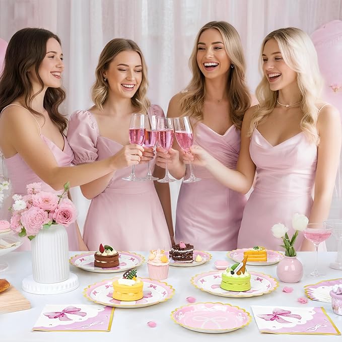 WERNNSAI Pink Bow Birthday Decorations - 48PCS Bow Plates and Napkins Coquette Birthday Decorations Pink Paper Plates and Napkins for Kids Girls Bachelorette Wedding Supplies Serves 16 Guests