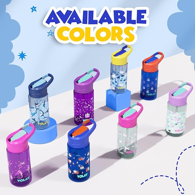 YOLAY 15oz Kids Water Bottle For School Boys and Girls, Durable Toddler Water Bottle with Straw Lid Leak-Proof, Spill Proof, Easy Clean and Dishwasher Safe with Re-Usable and BPA Free - Dino