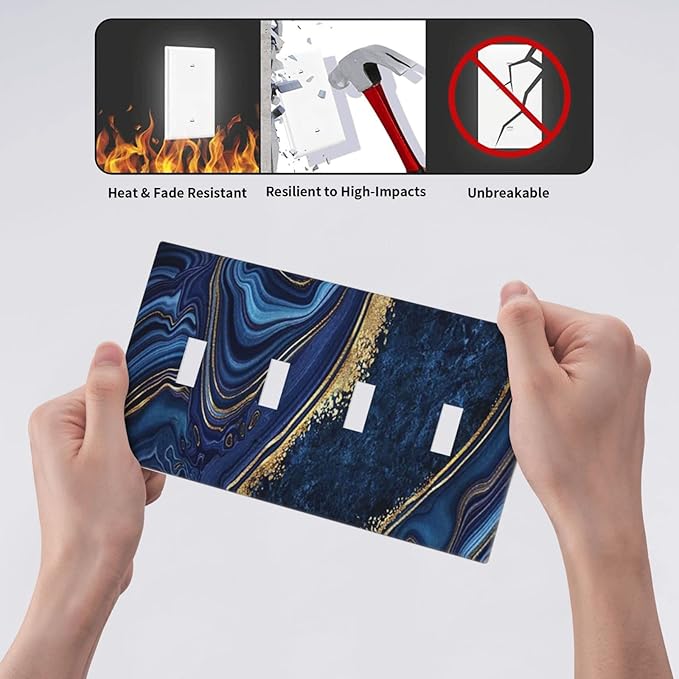 Navy Blue Marble 4 Gang Light Switch Cover Decorative Quad Toggle Wall Plate For Teen Kids Boys Bathroom Home Bedroom Art Panel Decorate 8" x 4.5