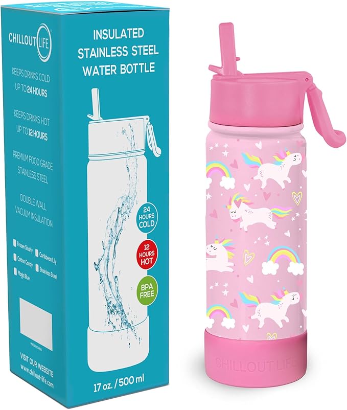 CHILLOUT LIFE 17 oz Kids Insulated Water Bottle for School with Straw Lid Leakproof and Cute Waterproof Stickers, Personalized Stainless Steel Thermos Flask Metal Water Bottle, Pink Unicorn