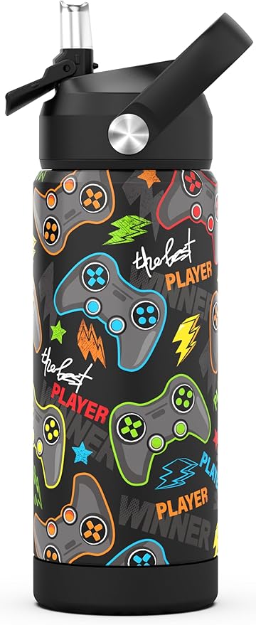 Boys Water Bottle with Straw,18 oz Kids Insulated Cups with Stainless Steel Leak Proof for School,Sport&Travel（Game）
