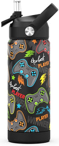Boys Water Bottle with Straw,18 oz Kids Insulated Cups with Stainless Steel Leak Proof for School,Sport&Travel（Game）