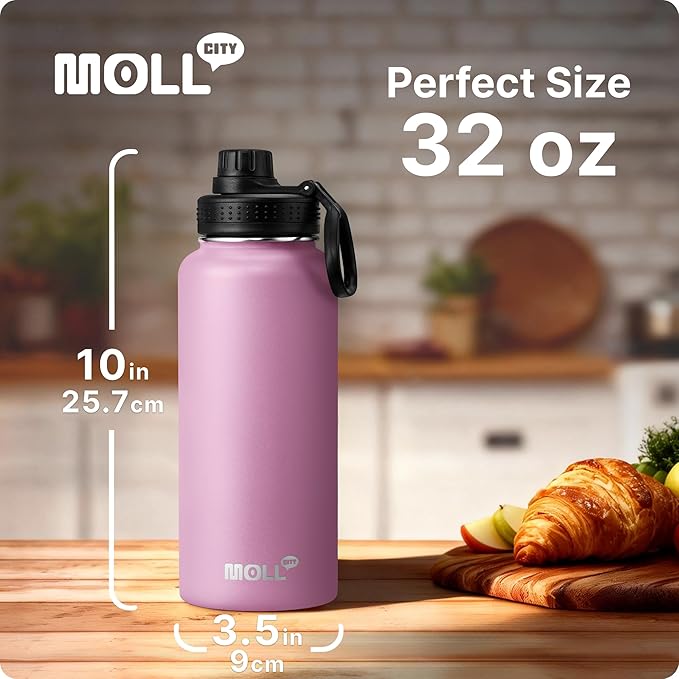 Insulated Water Bottle-32 oz Stainless Steel Vacuum Wide Mouth Sports Flask with Silicone Boot-Reusable Metal Leak Proof Travel Water Bottle for Girls Boys, BPA-Free(Purple Pink)