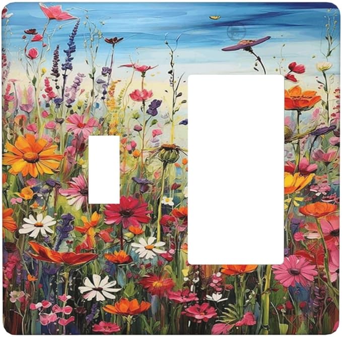 Colorful Wildflowers Painting Floral Flower Outlet Covers 1 Toggle 1 Rocker Combination Decorative Wall Plate Electrical Switch Plates Light Switch Cover Plate for Bedroom Living Room Decor