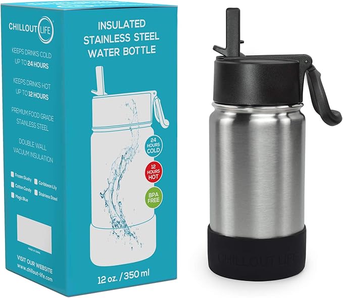 CHILLOUT LIFE 12 oz Kids Insulated Water Bottle for School with Straw Lid Leakproof and Cute Waterproof Stickers, Personalized Stainless Steel Thermos Flask Metal Water Bottle, Dishwasher Safe Color