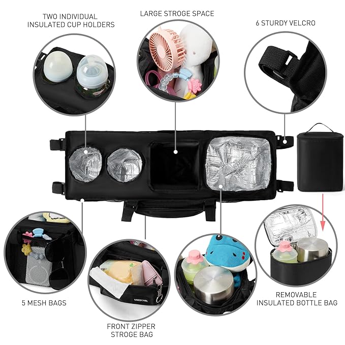 Double Stroller Organizer Universal with 2 Insulated Cup Holders & Cooler Bag, Large Storage Parent Console for Bob Duallie, Baby Jogger City Mini GT2