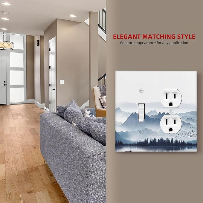 Wallplates Mountain Foggy Lake Boat Grey Blue Forest Birds 1 Toggle 1 Duplex Switch Plate Electrical GFCI Faceplate Decorative Light Switch Covers for Bedroom living Room Decor