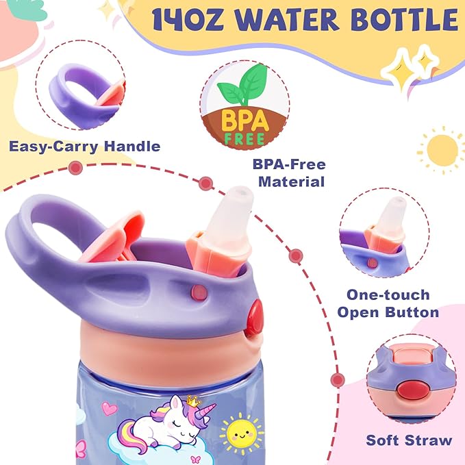 14oz Unicorn Kids Water Bottle with Straw - Rainbow Water Bottle For School, Leakproof, Lightweight, Durable Plastic Bottles for Kids Travel, Pop-Up Straw Cover, Gift Cup for Girls (Unicorn)