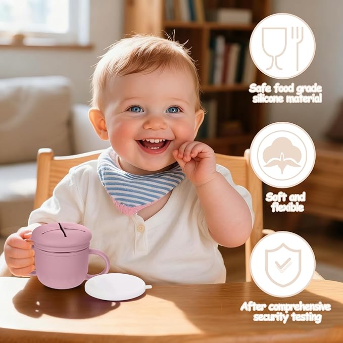 Mity rain 2-Pack Stainless Steel Snack Containers, 4-in-1 Spill proof Snack Cups With Silicone Lid and Handle, Dishwasher Safe Travel Snack Containers for Kids and Infants ((Pink + Yellow)
