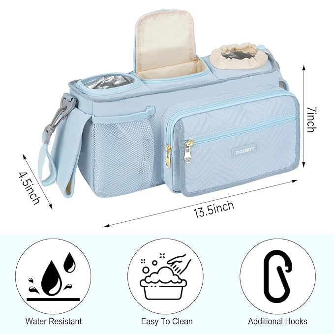 Universal Stroller Organizer with Insulated Cup Holders,Large Capacity Non-Slip Stroller Caddy Bag Fits for Uppababy/Doona/Jogger/Britax/Mompush/BoB with Anti-Sag Hard Bottom and Wet Wipes Pocket