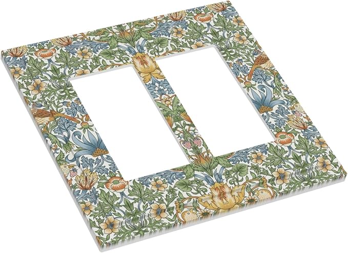 William Morris Strawberry Thrush Birds Double Rocker Light Switch Cover Vintage Floral Flowers Plant 2 Gang Outlet Covers Switchplates Decorative Electrical Wall Plate for Country Home Decor