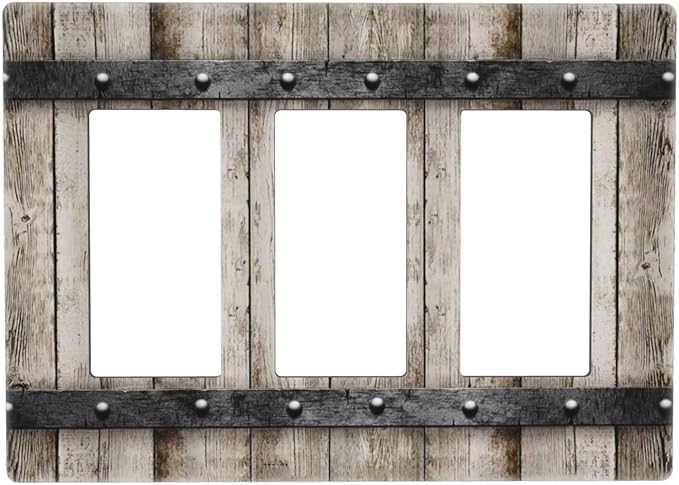 Western Country Farmhouse Style Decorative Triple Decorator Light Switch Cover Cabin Barn Garage Faceplate, Old Distressed Rustic Vintage Retro 3 Gang GFCI/Rocker Electrical Wall Plate Outlet Cover