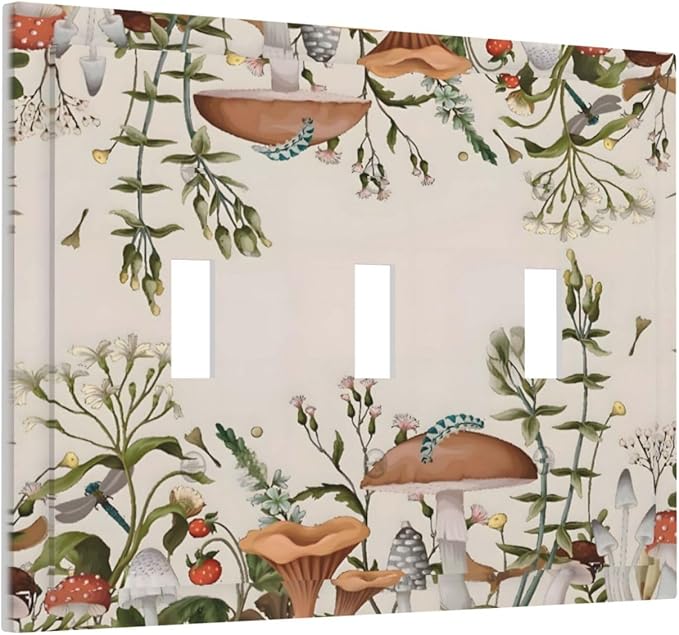 Boho Mushroom Forest Plants Wildflowers Insects Decorative Switch Plates 3 Gang Wall Plate Triple Toggle Light Switch Cover Faceplate Electrical Wall Panels for Kids Room Home Decor