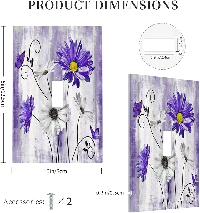 Decorative Light Switch Cover Plate Rustic Purple Daisy Butterfly Boho White Floral 1 Gang Wall Plate Cover Single Toggle Switch Plate Covers Jumbo Electrical Switchplate Receptacle Faceplate