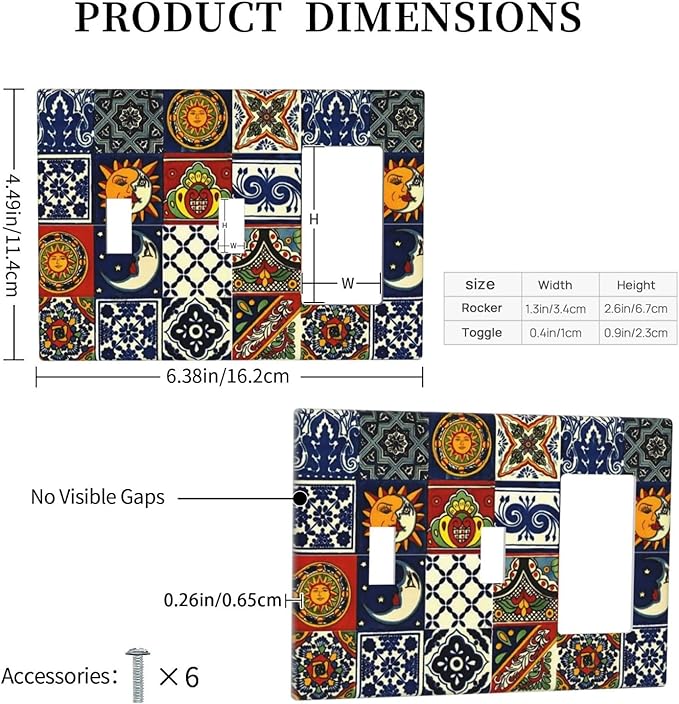 Boho Moroccan Mandala Mexican Tiles 3-Gang 2-Toggle 1-GFCI/Decorator Combination Light Switch Decorative Triple Combo Device Switches/Rocker Outlet Covers and Wall Plate
