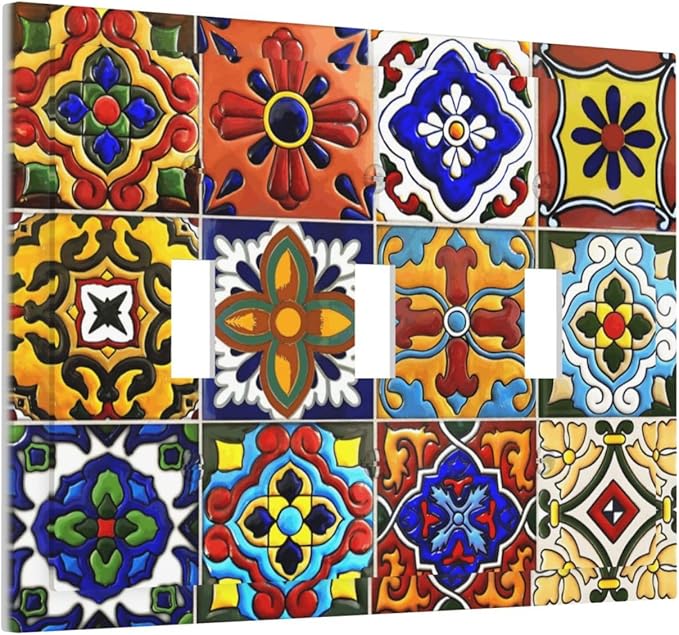 Vintage Colorful Boho Mexican Moroccan Tile Decorative Switch Plates 3 Gang Wall Plate Triple Toggle Light Switch Cover Faceplate Electrical Wall Panels for Farmhouse Home Decor