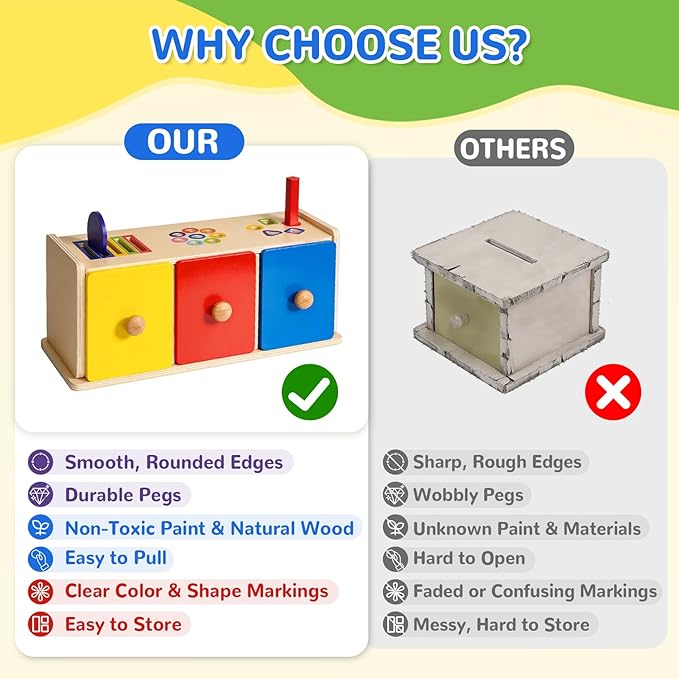 Toddler Montessori Toys, 3-in-1 Wooden Color & Shape Sorting Learning Matching Box Toy for Baby Toddlers 1 2 3 Year Old