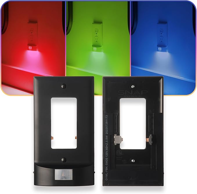1 Pack - SnapPower Multi-Color GuideLight – Outlet Cover RGB Lights, Customizable Ambient Lighting/Mood Lighting for Home, Kitchen, Gaming Room, Kids Bedroom, Nursery, Holiday Decor (Black, GFCI)