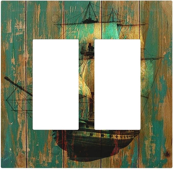 Decorative Outlet Covers Rustic Green Wood Grain Sailboat 2 Gang Double GFCI Rocker Electrical Wall Panels Light Switch Cover Plate for Farmhouse Bedroom Decor
