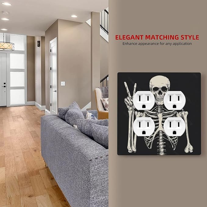 Outlet Covers Skeleton Skull Boho Hippie Dark Background 2 Gang Double Duplex Decorative Light Switch Covers Electrical Wallplates Socket Faceplate For Cabin Office Decor