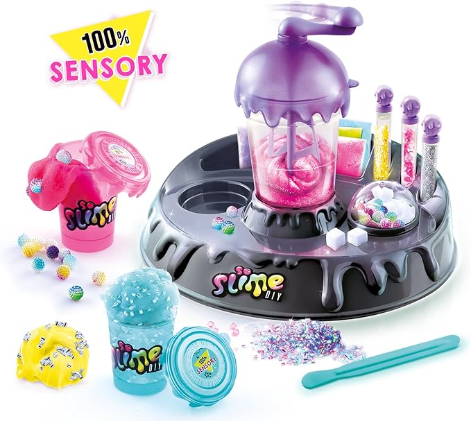 So Slime DIY Sensory Factory; Makes 10 Slimes; No Glue; No Mess; Sensory Mix’ins to Create ASMR Feels; Just Add Water and Turn The Crank; Slime Storage Containers Included
