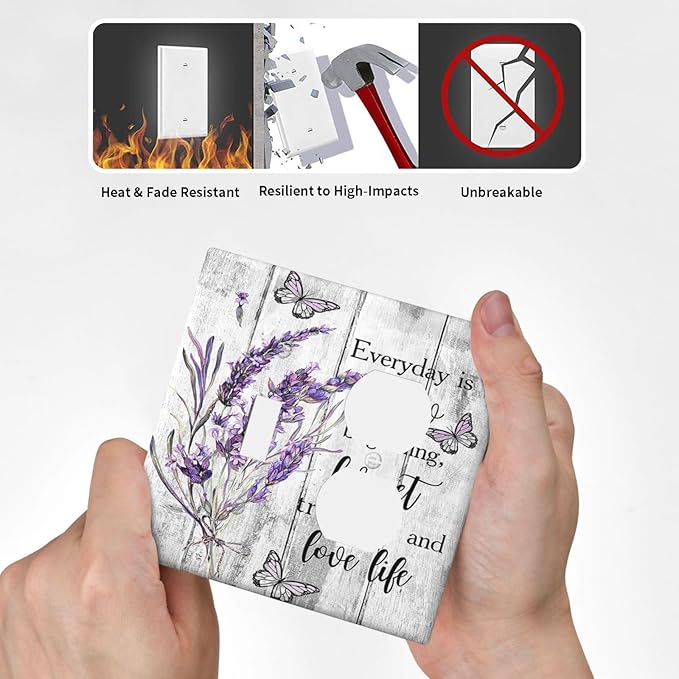 Decorative Outlet Covers Lavender Flower Purple Floral Butterfly on Plank Inspirational quotation 2 Gang Wall Plate Single Toggle Duplex Light Switch Cover Switch Plate Covers Faceplate