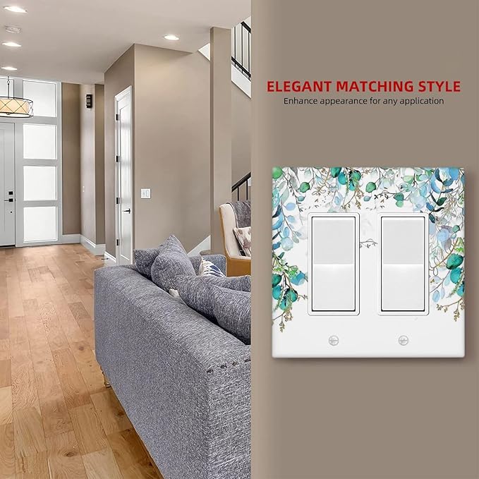 Decorative Outlet Covers Bohemian Green Eucalyptus Leaf Pine Leaves 2 Gang Wall Plate Double Rocker Switch Light Switch Plate Covers Jumbo Dual Electrical GFCI Switch Cover Plate