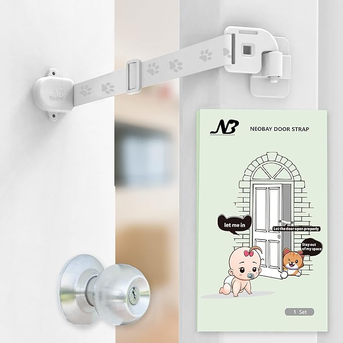 Neobay Child Proof Door Lock & Adjustable Cat Door Latch, No Need for Interior Cat Door, Keeps Toddler Out of Litter Box, No-Drill Door Locks for Kids Safety, Easy Adult Access
