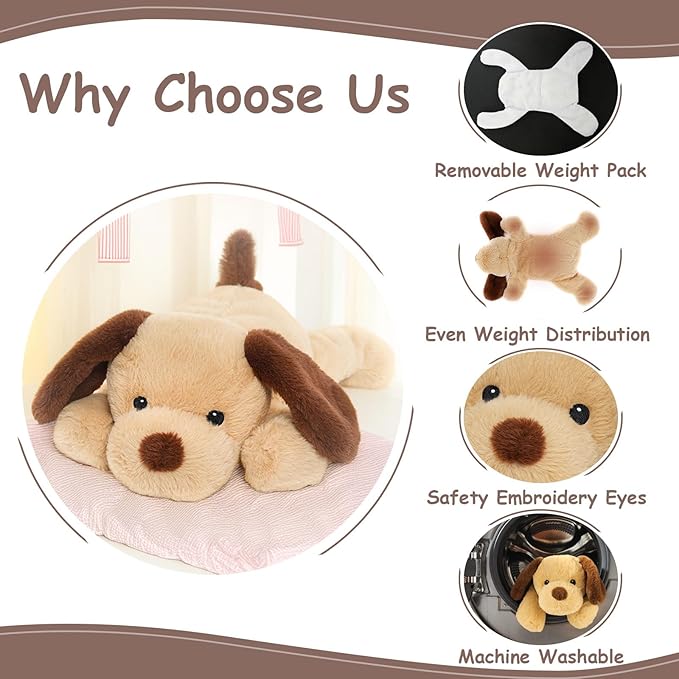 WEIGEDU Weighted Puppy Dog Stuffed Animal Plush Toy for Kids and Adults with Embroidered Eyes and Removable Weight Pack - 21.5 Inches, 2.3 lbs