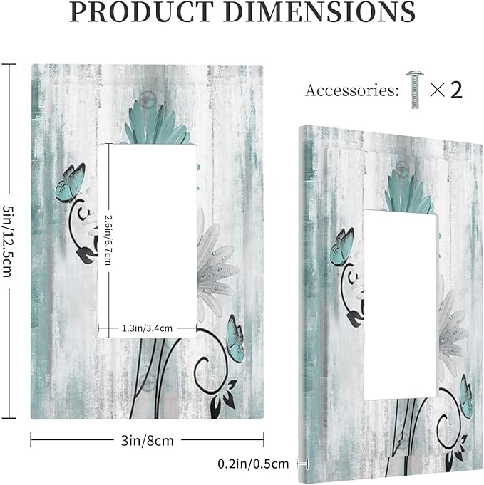 Teal Daisy Vintage Flower Butterfly Rustic Wood Print Decorative Outlet Covers 1 Gang Single Rocker Light Switch Cover Plate Wall Plates GFCI Faceplate for Farmhouse Home Decor