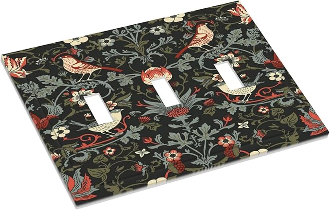 Vintage Birds Berries Mid Century Floral Flower Decorative Switch Plates 3 Gang Wall Plate Triple Toggle Light Switch Cover Faceplate Electrical Wall Panels for Bedroom Living Room Decor