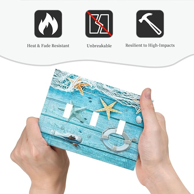 Turquoise Teal Fishing Net Wood Plank 3 Gang Light Switch Plate Decorative Triple Toggle Wall Plate Cover Electrical Faceplate for Bathroom Home Living Room Decorate