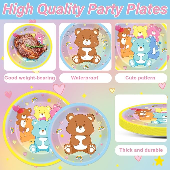 96Pcs Cute Bear Birthday Party Plates and Napkins Bear Rainbow Party Decorations Pastel Bears Theme Supplies Cute Bears Theme Paper Dessert Plates Tableware Set for Kids Boy Girl Baby Shower 24 Guests