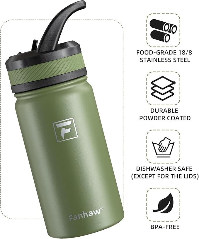 Fanhaw 14 Oz Kids Insulated Water Bottle with Straw Lid – Stainless Steel Double Wall Vacuum, Leak-Proof, BPA-Free Water Bottles for School Boys & Girls(Olive Green)