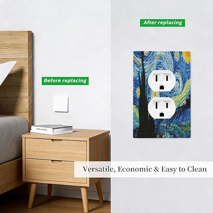 Van Gogh The Starry Night Duplex Wall Plate - 1-Gang Standard US Size Post-Impressionist Masterpiece Outlet Covers, Swirling Night Sky for Living Room Decor
