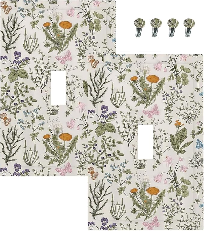 Outlet Covers Boho Floral Vintage Flowers Plants 1 Gang Duplex Light Switch Cover Plate Decorative Wall Plates Electrical Switchplate Receptacle for Bathroom Bedroom Decor（2 Pack）