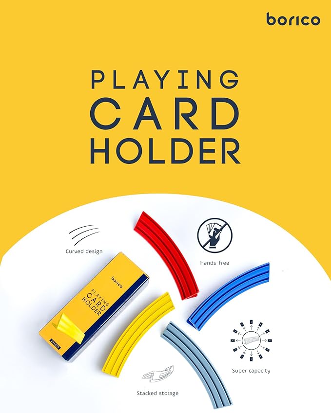 BORICO Card Holders for Playing Cards - 4 Pack Playing Card Holder for Kids and Adults,Stackable Storage Game Card Tray for Arthritis Patients with a Travel Pouch (4 Colors)