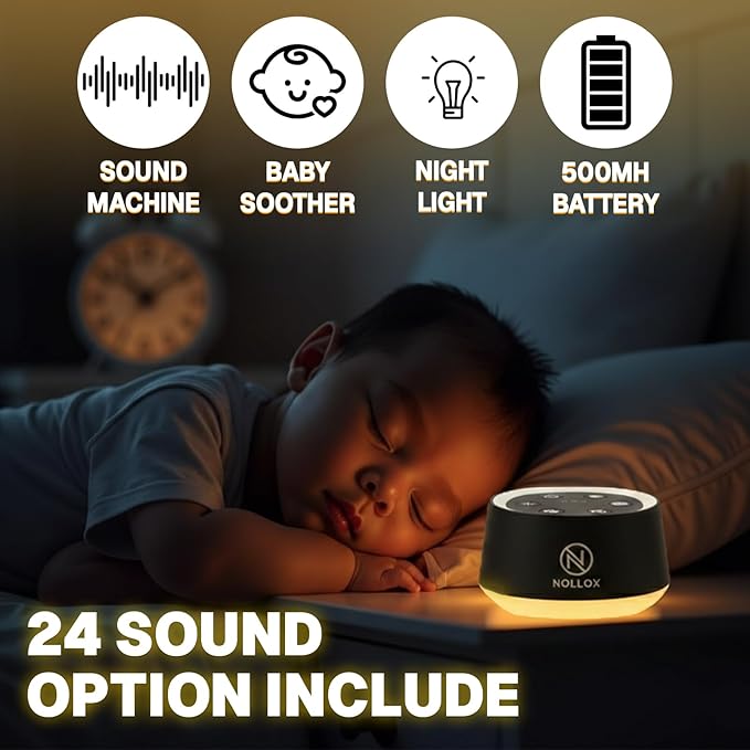 White Noise Machine for Baby Kids & Adults 24 Soothing Sounds Cry Sensor Night Light Rechargeable via Type-C Timer & Memory Portable Sleep Sound Device