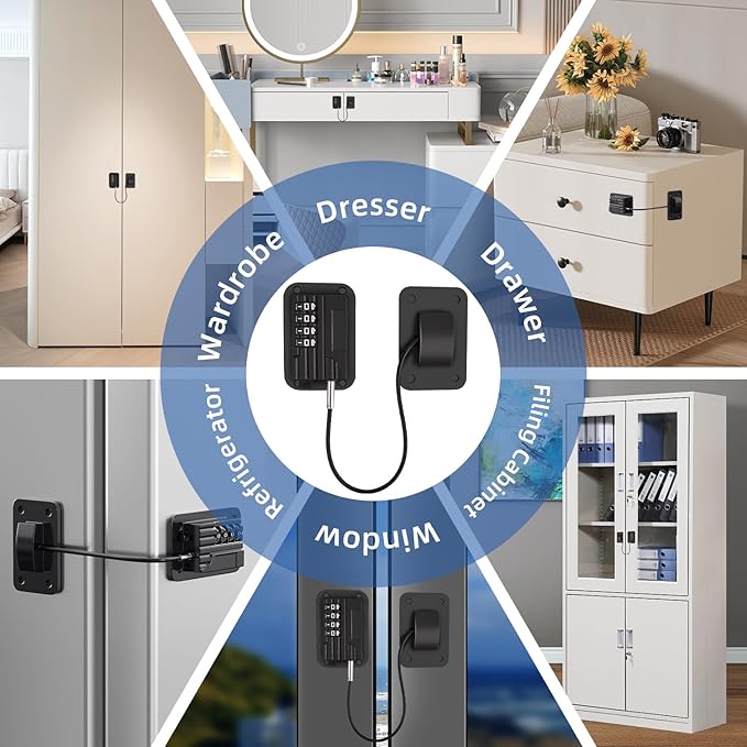 RORMGO Refrigerator Lock, Heavy Duty Fridge Locks for Kids, Freezer Lock with Combination for Refrigerator Drawer Cabinet Safety, Easy to Install No Keys Needed Black