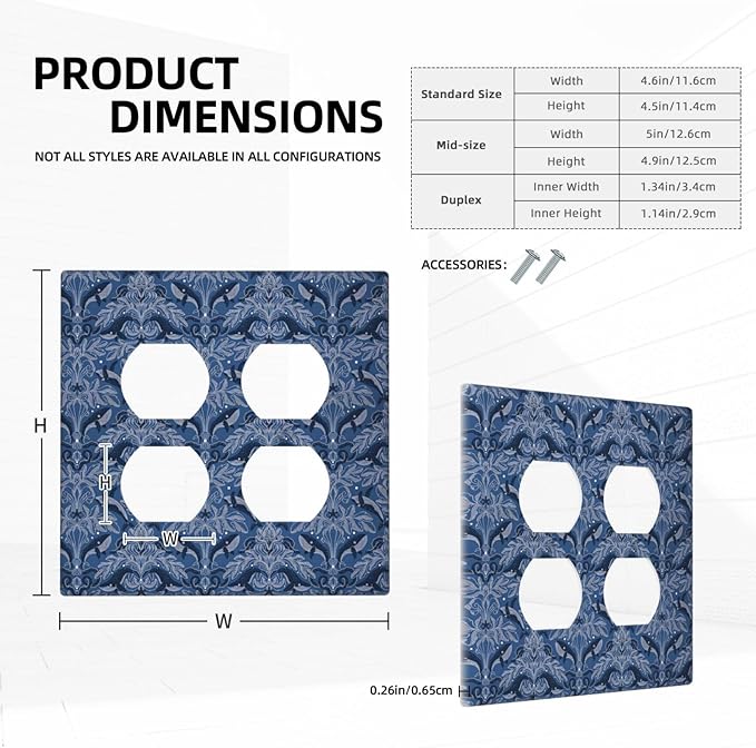 Blue Modern Nautical Art Whale Fish Ocean Damascus Outlet Covers 2 Gang Double Duplex Decorative Light Switch Covers Electrical Wallplates Socket Faceplate for Bedroom Living Room Decor