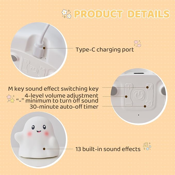 Cute Ghost Night Light for Kids, Rechargeable Silicone Bedside Night Light with Tap Control, Dimmable Nursery Decor Lamp, Fun Ghost Gift for Kids, Halloween Room Decor, Ghost Lamp