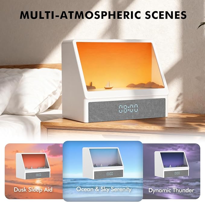 Flymiro Sunrise Alarm Clock, White Noise Machine Lamp, Wake Up Light with 12 Sounds, Sleep Aid,Dimmable Clock for Adults Kids Bedroom,Bluetooth Speaker