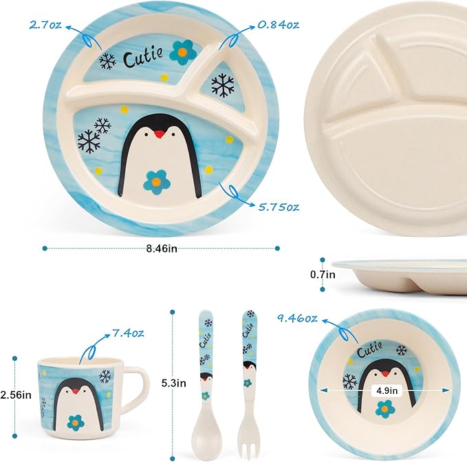 Kids Dinnerware Set, 5-Piece Mealtime Tableware for Children & Toddlers – Includes Divided Plate, Bowl, Cup, Fork & Spoon – Natural Bamboo Fiber, BPA-Free, Dishwasher Safe (Penguin)
