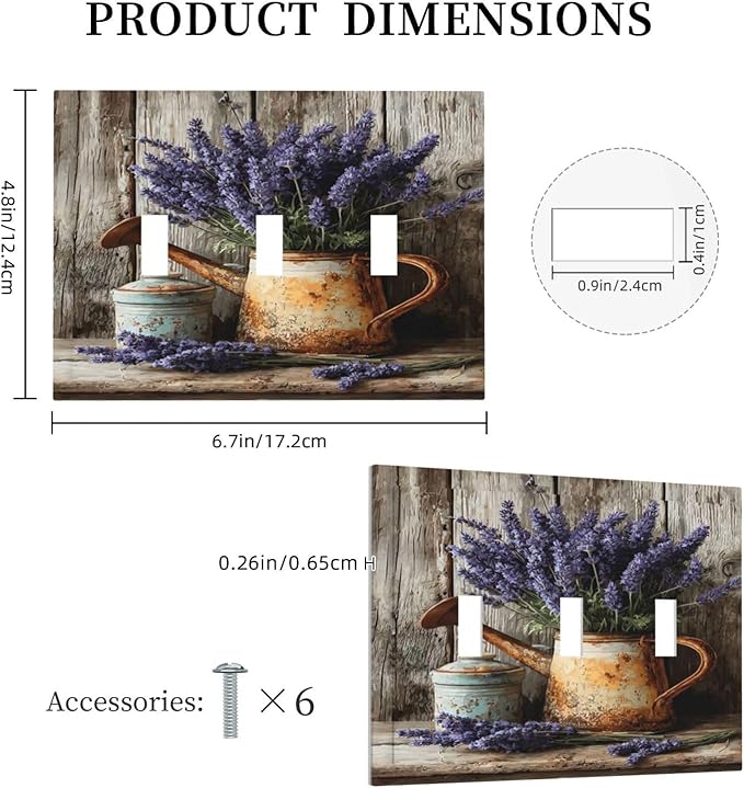 Rustic Flowers Lavender Purple Floral Oil Painting Decorative Switch Plates 3 Gang Wall Plate Triple Toggle Light Switch Cover Faceplate Electrical Wall Panels for Farmhouse Bedroom Decor