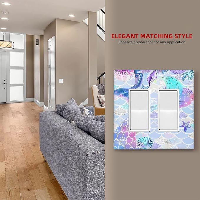 Mermaid Girl Light Switch Cover Plates Decorative 2 Gang Double Rocker Wall Plate Electrical Switchpalte Faceplate for Kid Bedroom Home Bathroom Decor 4.5" x 4.5"