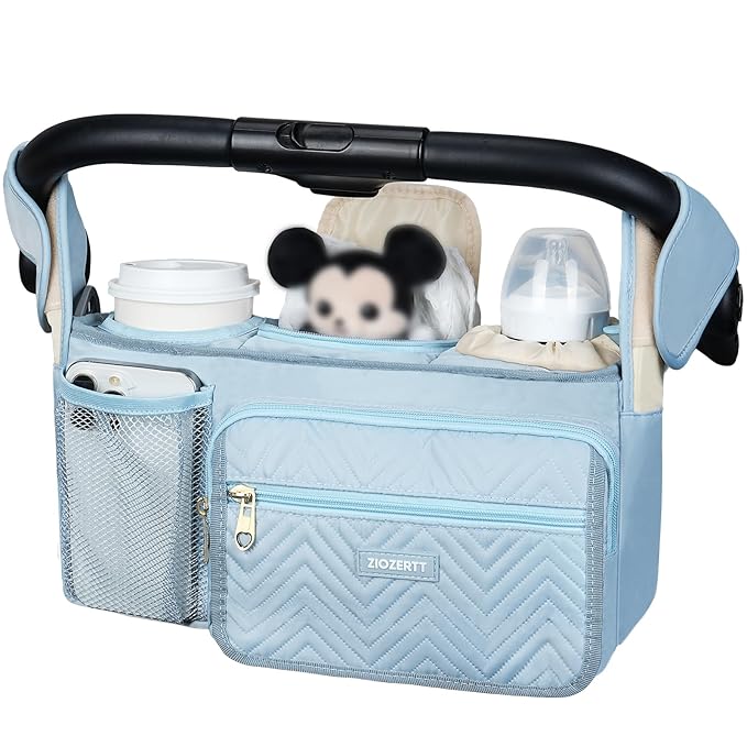 Universal Stroller Organizer with Insulated Cup Holders,Large Capacity Non-Slip Stroller Caddy Bag Fits for Uppababy/Doona/Jogger/Britax/Mompush/BoB with Anti-Sag Hard Bottom and Wet Wipes Pocket