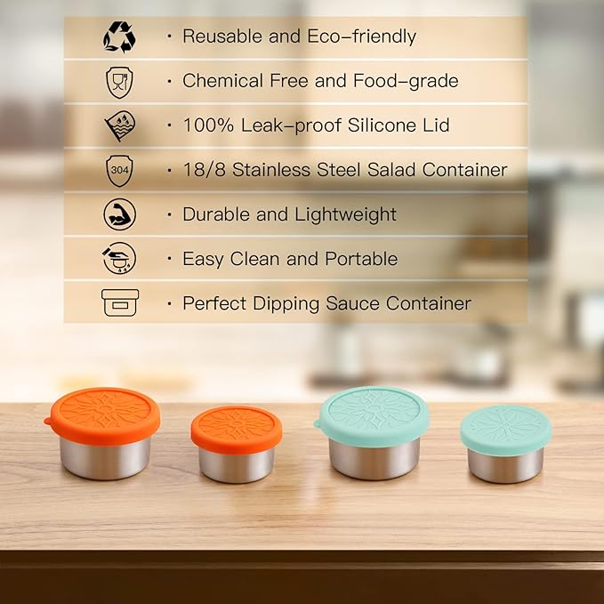 SUKKI Stainless Steel Condiment Containers - 4 PCS Salad Dressing Containers with Food Grade and Leakproof Silicone Lids - 2x3.4oz +2x1.8oz for Snacks, Desserts, Souffle, Baby Food