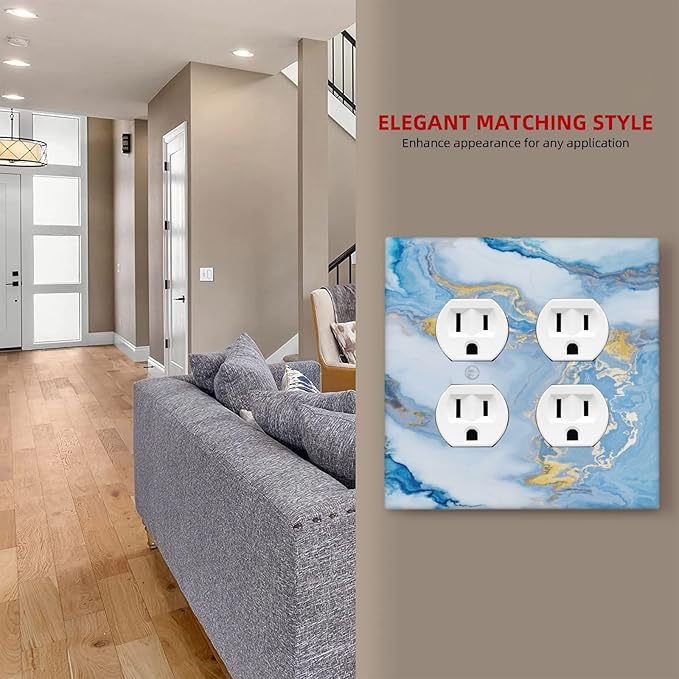 Beautiful Marble Texture Blue Gold Fluid Abstract Print Outlet Covers 2 Gang Double Duplex Decorative Light Switch Covers Electrical Wallplates Socket Faceplate for Bedroom Bathroom Decor