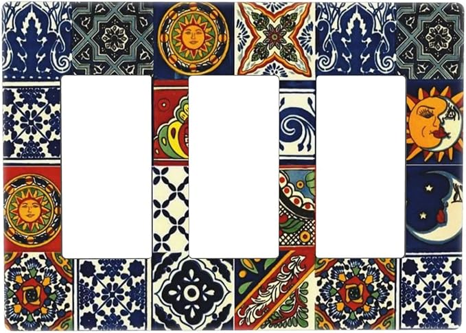 Boho Moroccan Mandala Mexican Tiles Triple Decorator Light Switch Cover 3 Gang GFCI/Rocker Wallplate Decorative Electrical Faceplate Switchplate Dimmer Screwless
